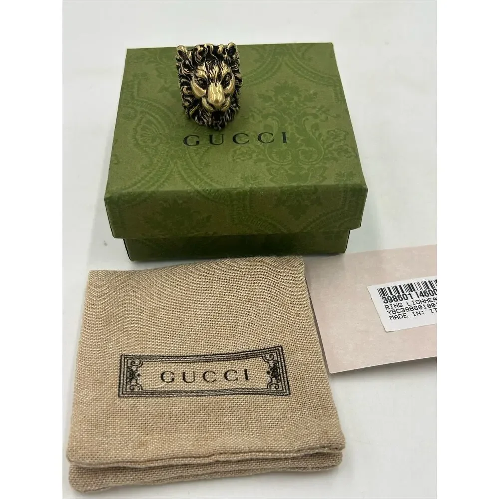 Unisex Gucci, iconic Lionhead ring gold tone brass finish size 6, made Italy